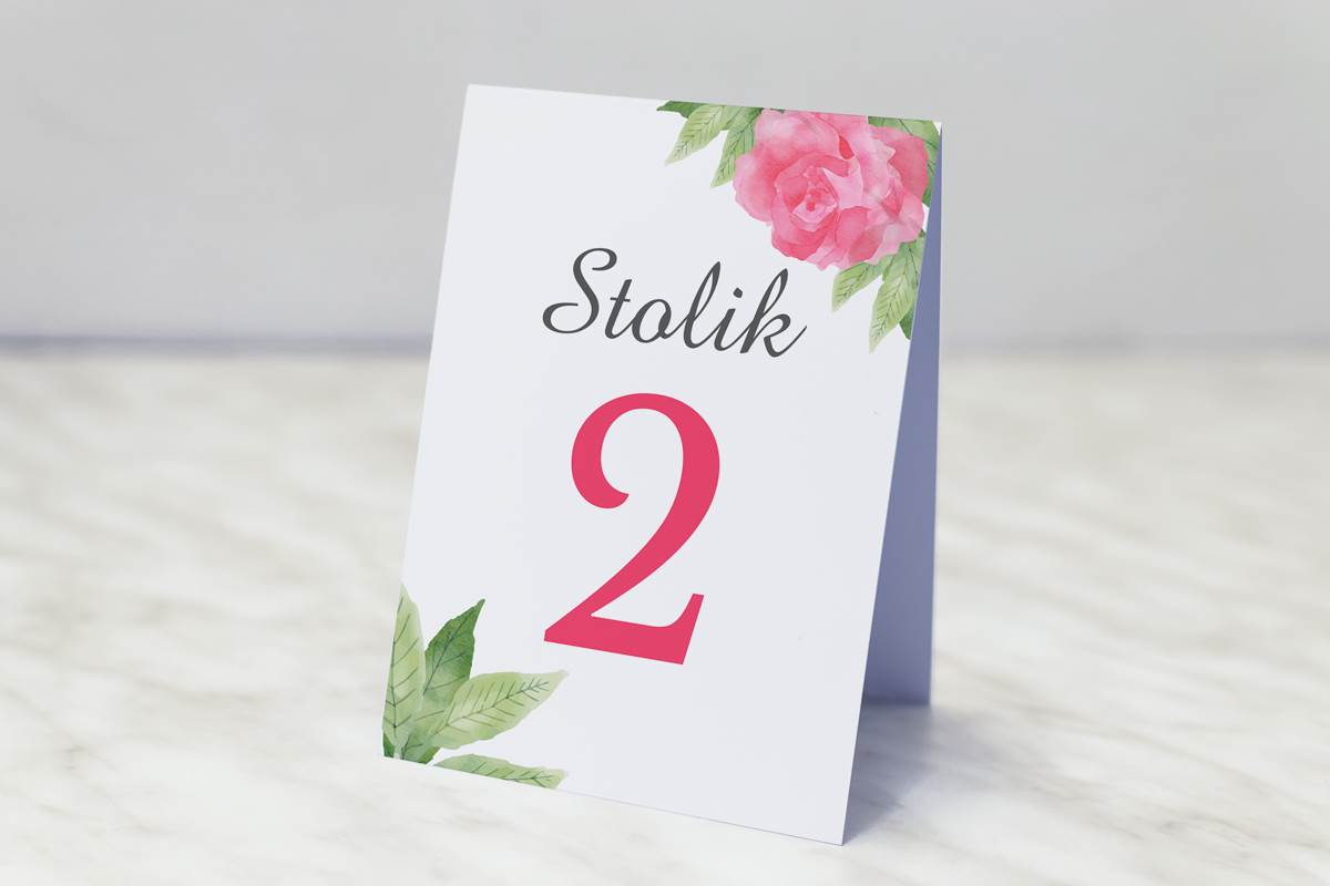 Dodatki ślubne Numer stolika pasujący do zaproszenia Kwiaty z nawami - Akwarelowe róże