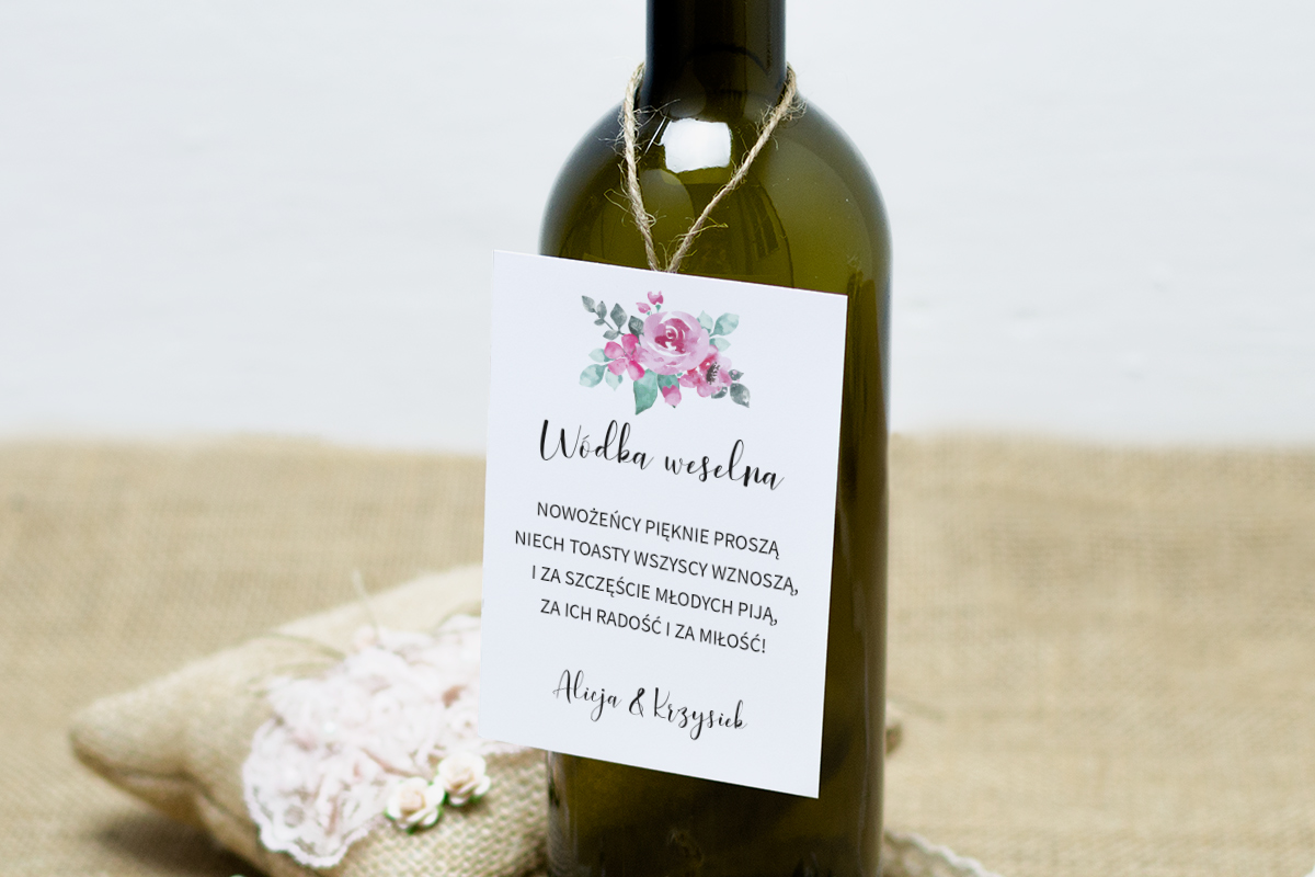 Dodatki ślubne Zawieszka na alkohol do zaproszeń Boho Recyklingowych - Akwarelowy Róż