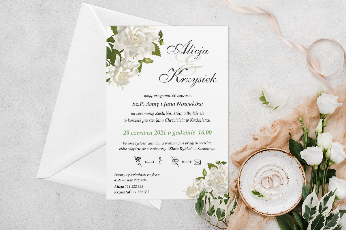 Eleganckie zaproszenia ślubne Zaproszenie ślubne jednokartkowe - Białe róże