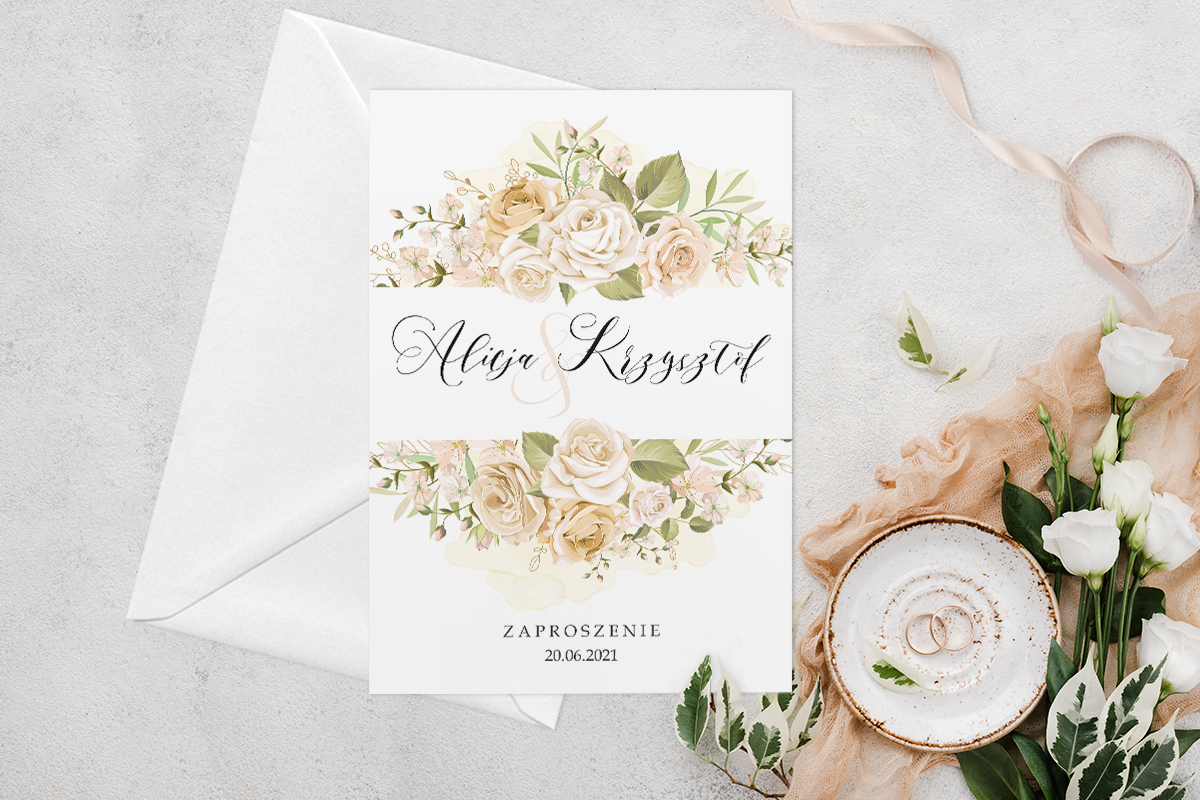 Eleganckie zaproszenia ślubne Zaproszenie ślubne jednokartkowe z Kwiatami - Kremowy bukiet