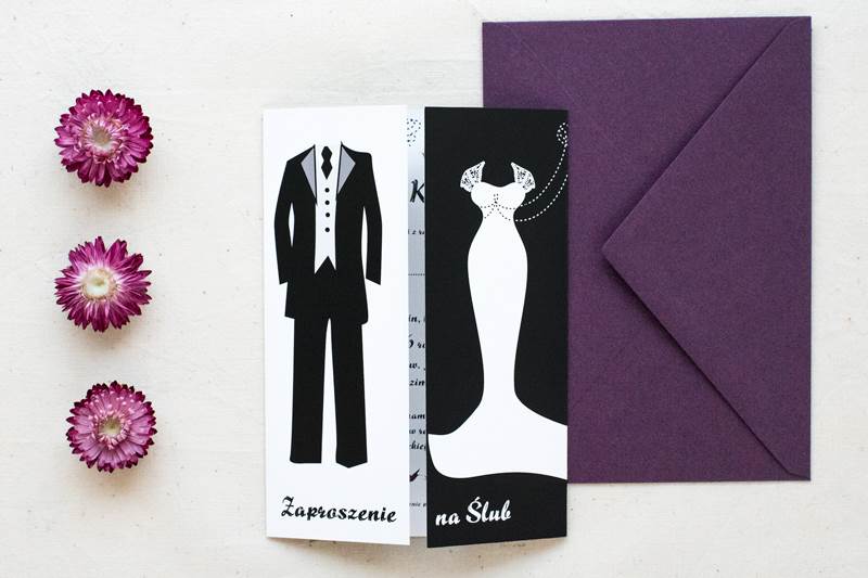 Tanie zaproszenia ślubne Zaproszenie ślubne vintage czarno-białe Black&White - Suknia i Garnitur