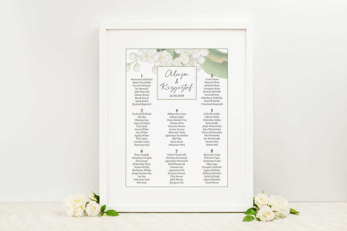 Dodatki ślubne Plan stołów weselnych do zaproszenia Burgundowe - Białe kwiaty wiśni