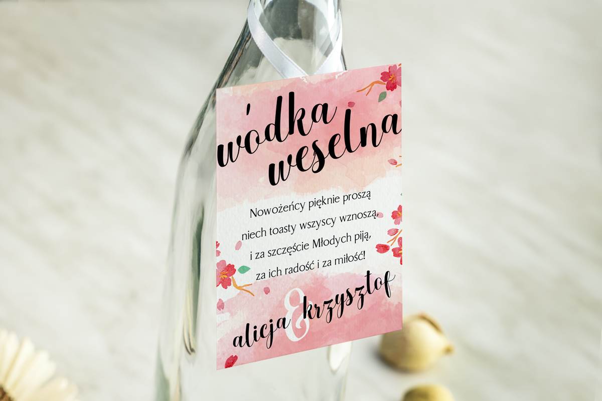 Dodatki ślubne Zawieszka na alkohol do zaproszenia Burgundowa - Kwiaty wiśni