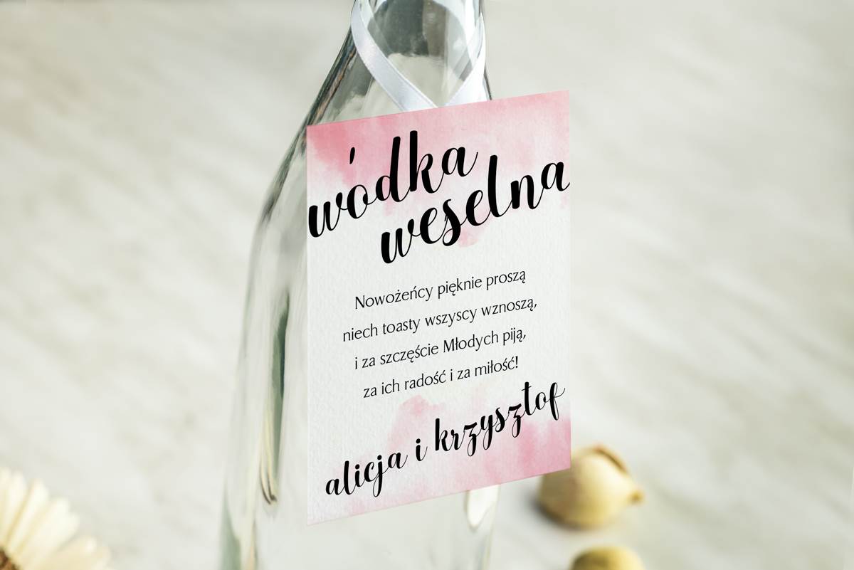 Dodatki ślubne Zawieszka na alkohol do zaproszenia Burgundowa- Pudrowa Akwarela