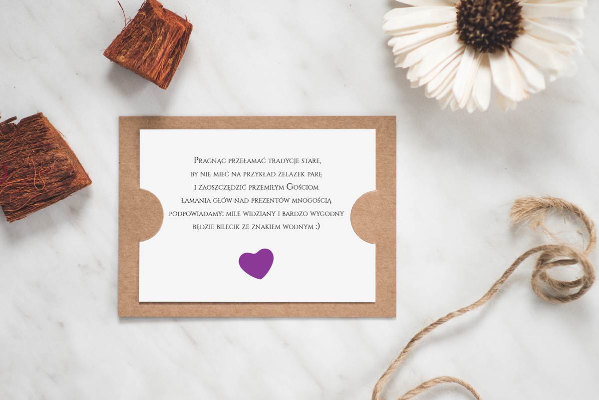 Dodatki ślubne Dodatkowa karteczka do zaproszeń Boho Fioletowe serduszka