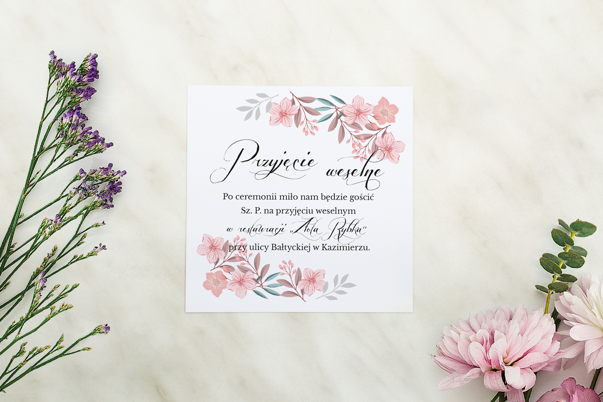 Dodatki ślubne Dodatkowa karteczka Wianuszki - Pudrowe kwiaty wzór A