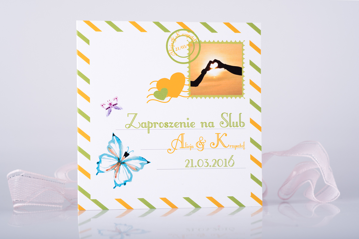 Oryginalne zaproszenia ślubne Oryginalne zaproszenie ślubne Kolorowa kartka pocztowa ze zdjęciem - Pomarańczowo-zielona