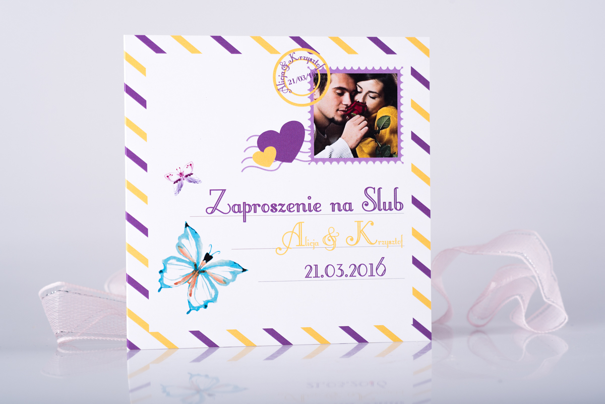 Oryginalne zaproszenia ślubne Oryginalne zaproszenie ślubne Kolorowa kartka pocztowa ze zdjęciem - Fioletowo-żółta