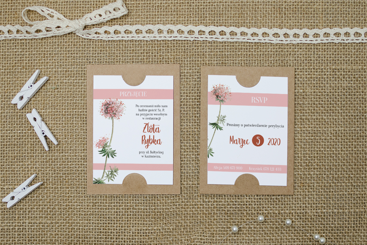 Dodatki ślubne Dodatkowa karteczka BOHO Recyklingowe - Różowe Kwiaty