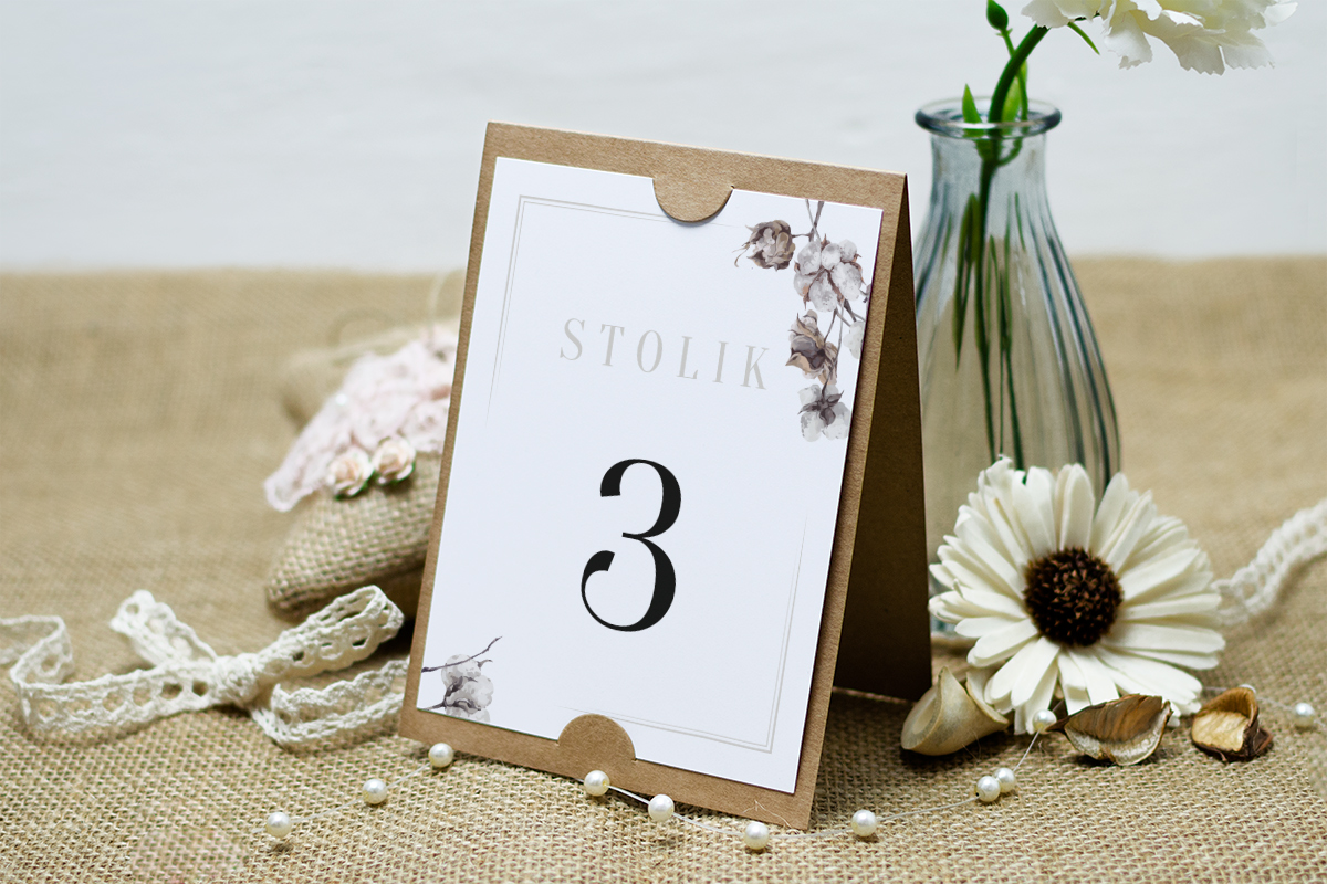 Dodatki ślubne Numer stolika do zaproszenia BOHO Recyklingowego - Kwiaty Bawełny