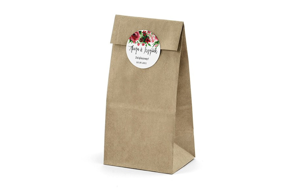 Etykiety do prezentów Okrągła personalizowana naklejka ślubna na upominki dla gości - Burgundowe Róże