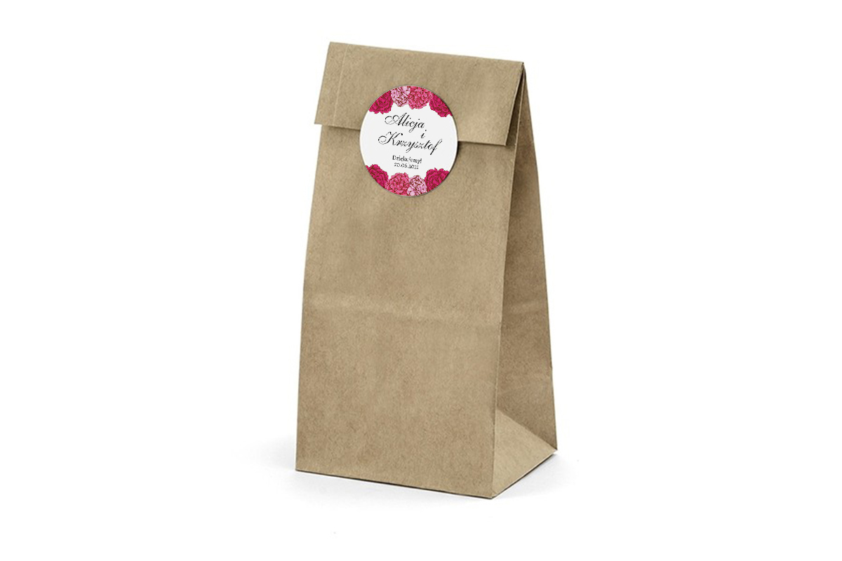 Etykiety do prezentów Okrągła personalizowana naklejka ślubna na upominki dla gości - Różowe Piwonie
