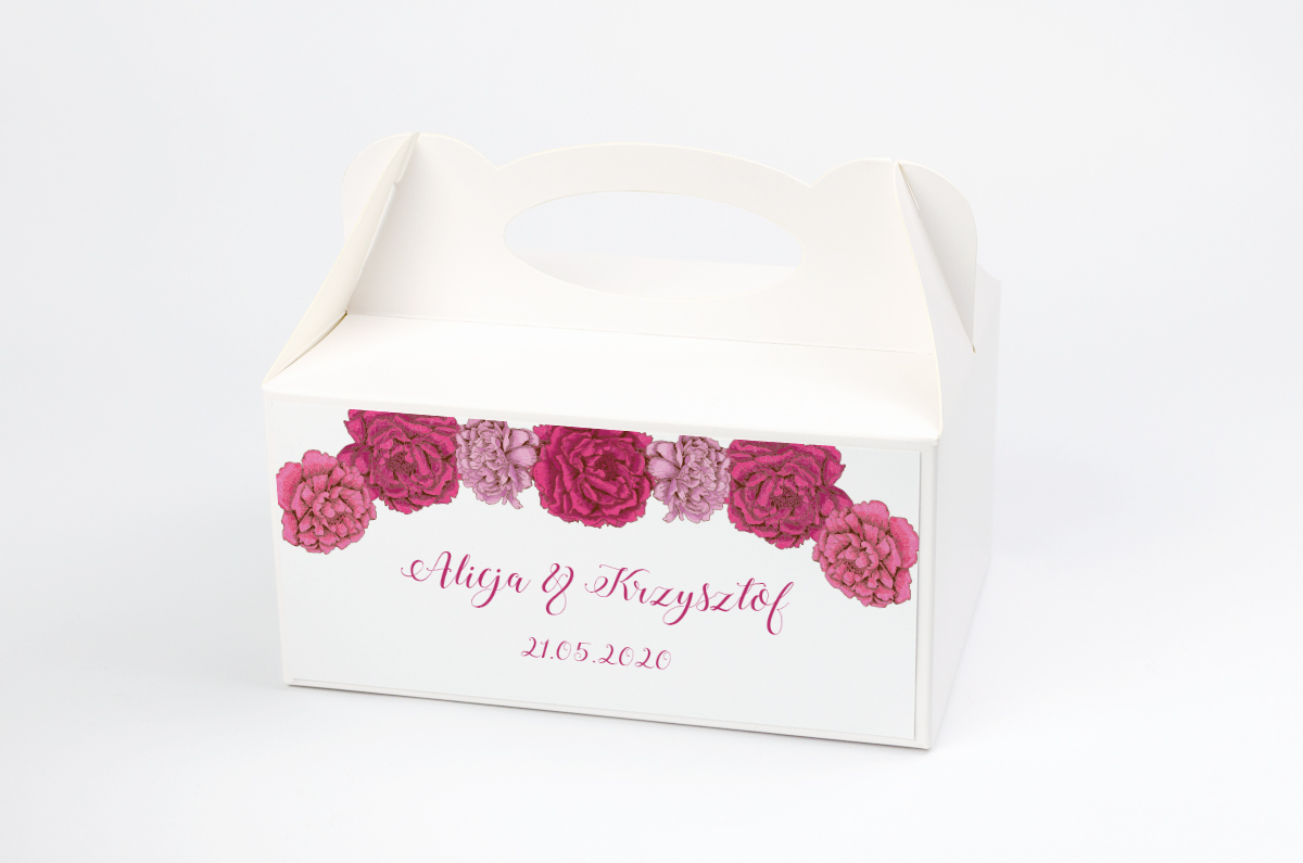 Podziękowania dla gości Ozdobne pudełko na ciasto - Kwadratowa kartka: Różowe Piwonie