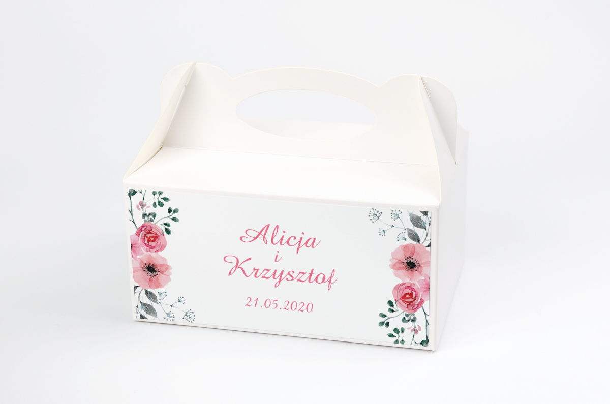 Podziękowania dla gości Ozdobne pudełko na ciasto - Kwiaty z nawami: Kwiatuszki pink