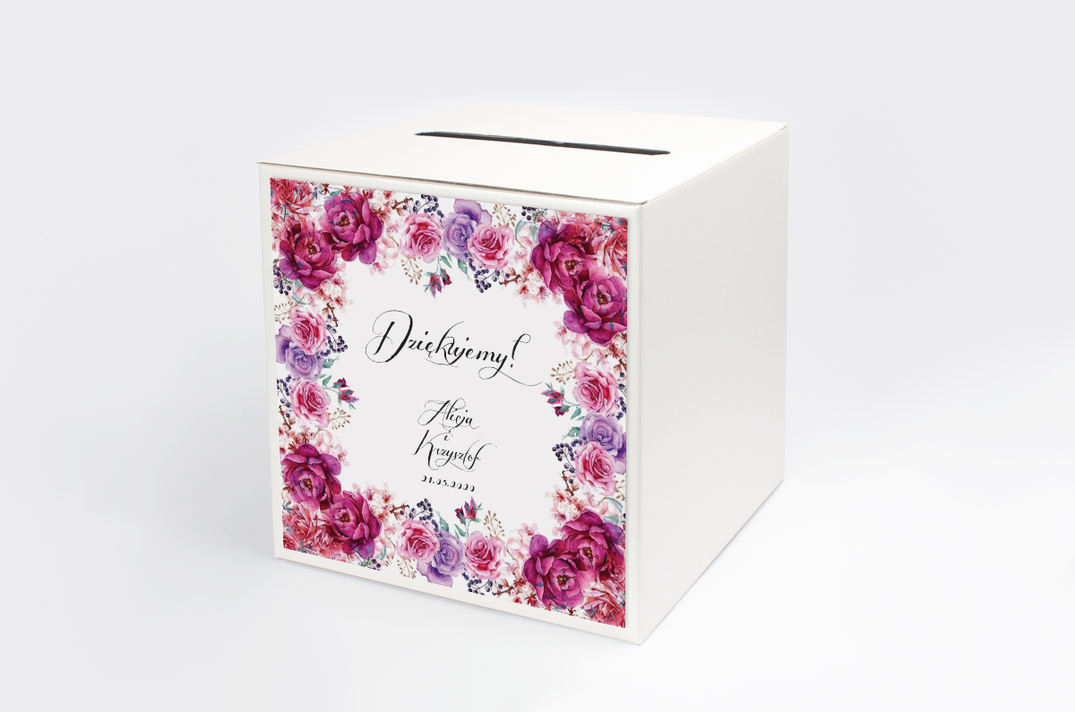 Dekoracje ślubne Personalizowane pudełko na koperty - Fuksjowe Peonie