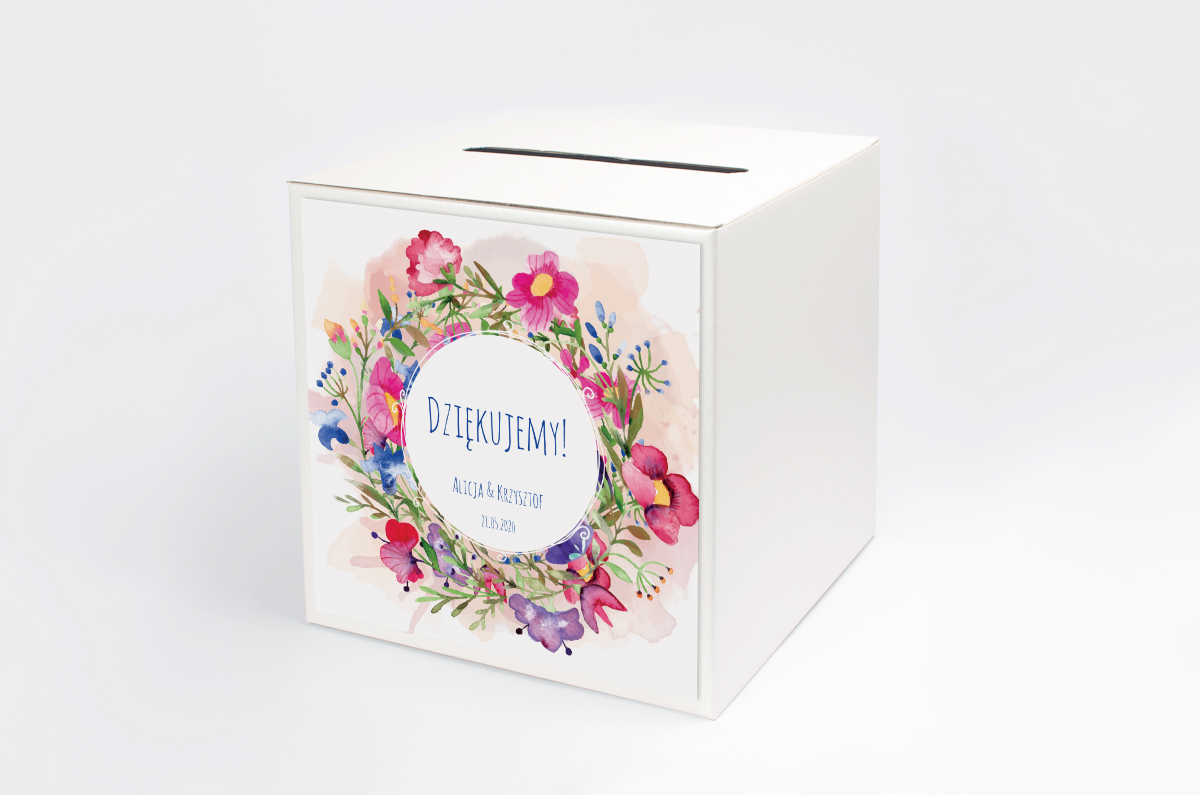 Dekoracje ślubne Personalizowane pudełko na koperty - Kwieciste wianki - Kolorowe bratki