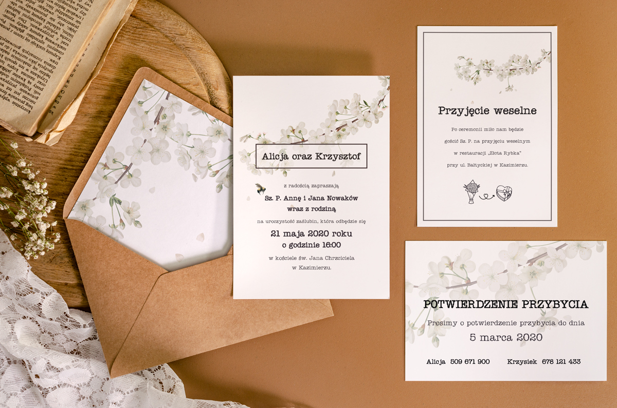 Nowoczesne zaproszenia ślubne Zaproszenie ślubne jednokartkowe recyklingowe - Kwiat wiśni