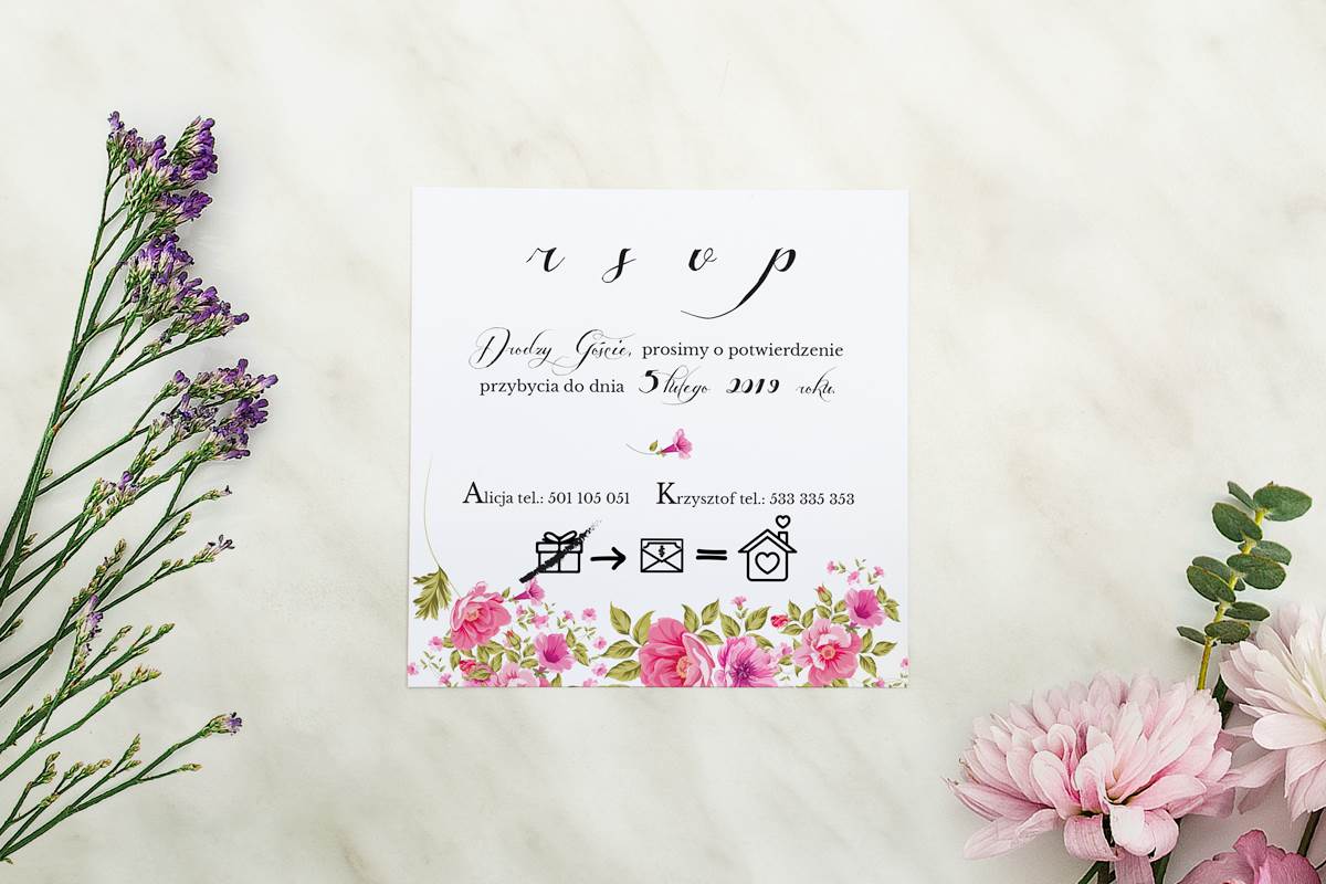 Dodatki ślubne Dodatkowa karteczka RSVP Wianki z kokardą - Ogrodowe róże