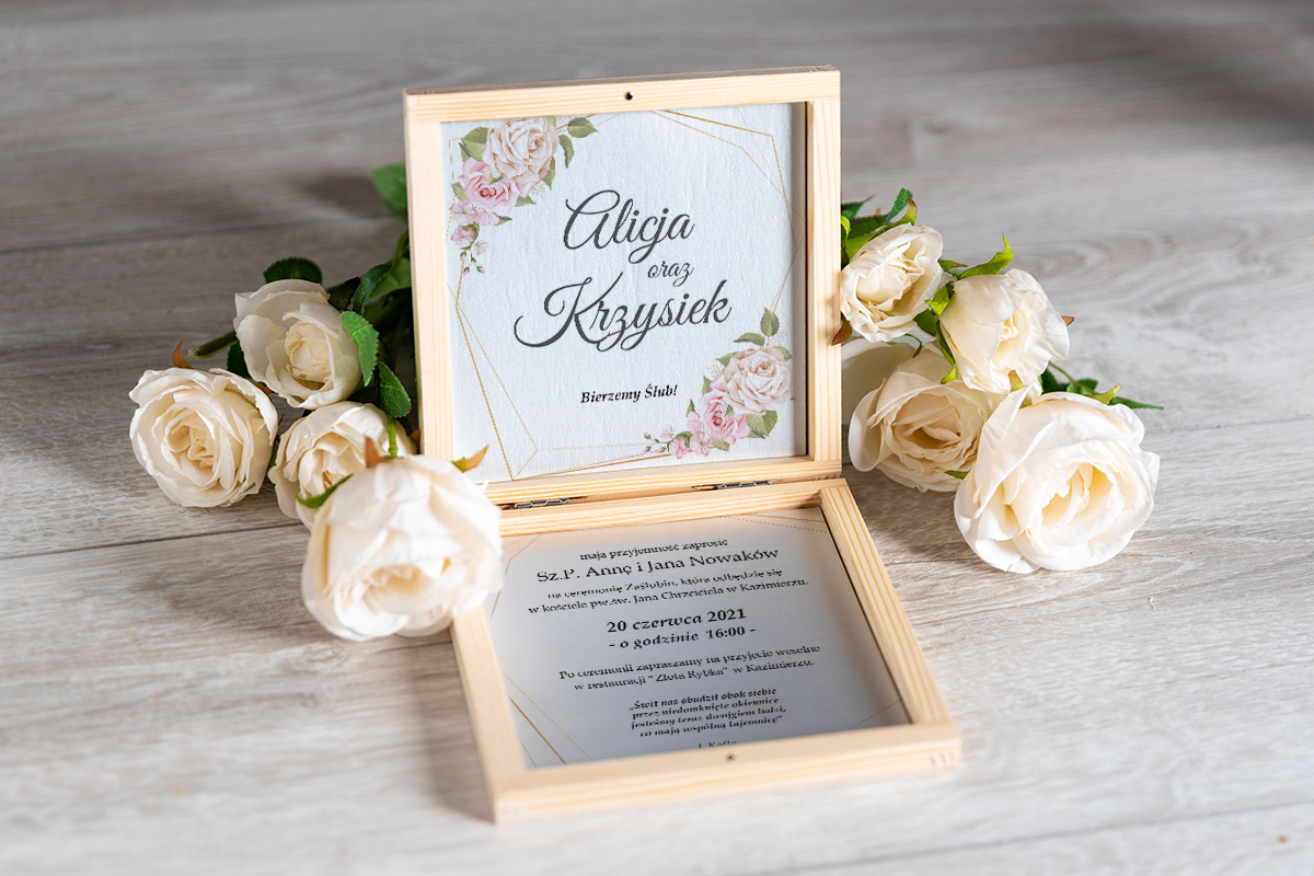 Eleganckie zaproszenia ślubne Zaproszenie ślubne w pudełeczku - Pastelowe róże