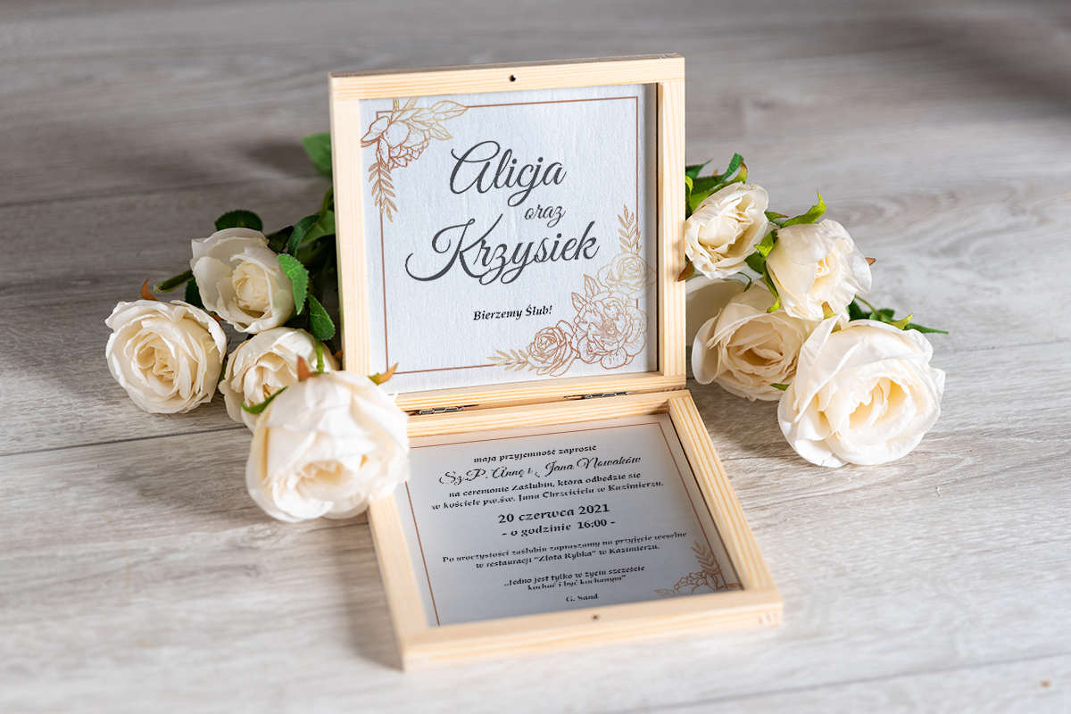 Zaproszenia Ślubne Zaproszenie ślubne w pudełeczku - Złote róże