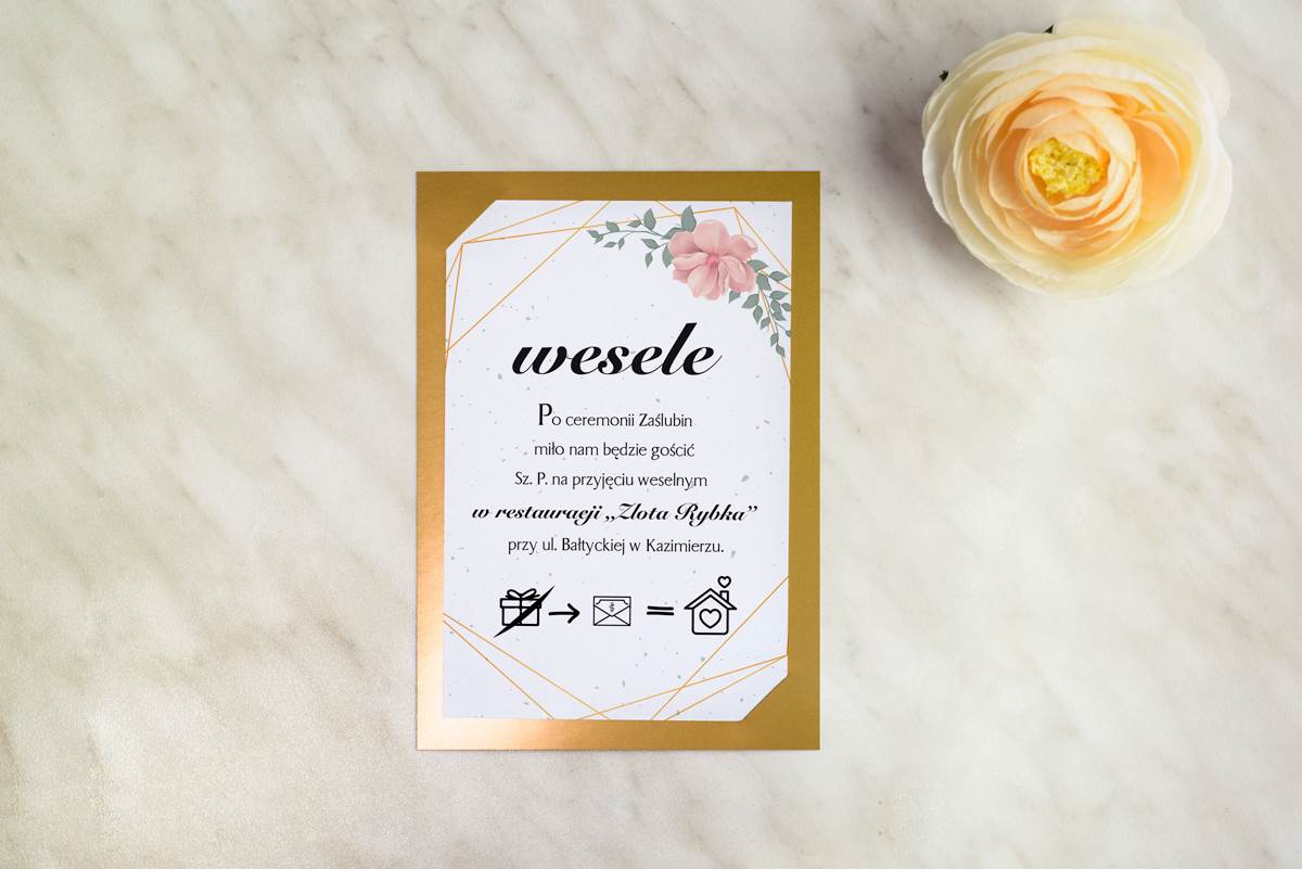Dodatki ślubne Dodatkowa karteczka do zaproszeń Złote metaliczne - Róże geometryczne