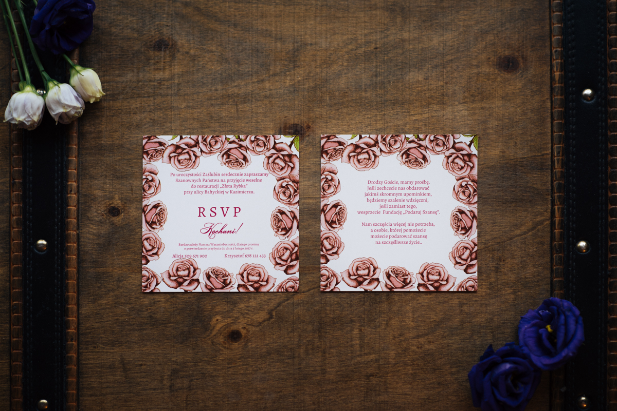 Dodatki ślubne Dodatkowa karteczka do zaproszeń Kwadratowa kartka: Różyczki