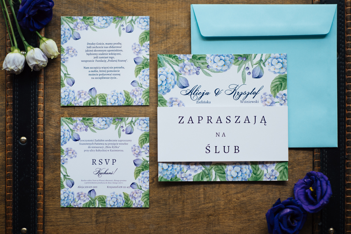 Oryginalne zaproszenia ślubne Oryginalne zaproszenie ślubne Kwadratowa kartka: Niebieskie Hortensje