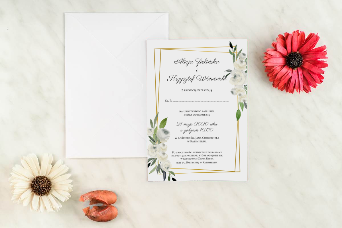 Eleganckie zaproszenia ślubne Zaproszenie ślubne jednokartkowe - Białe kwiaty