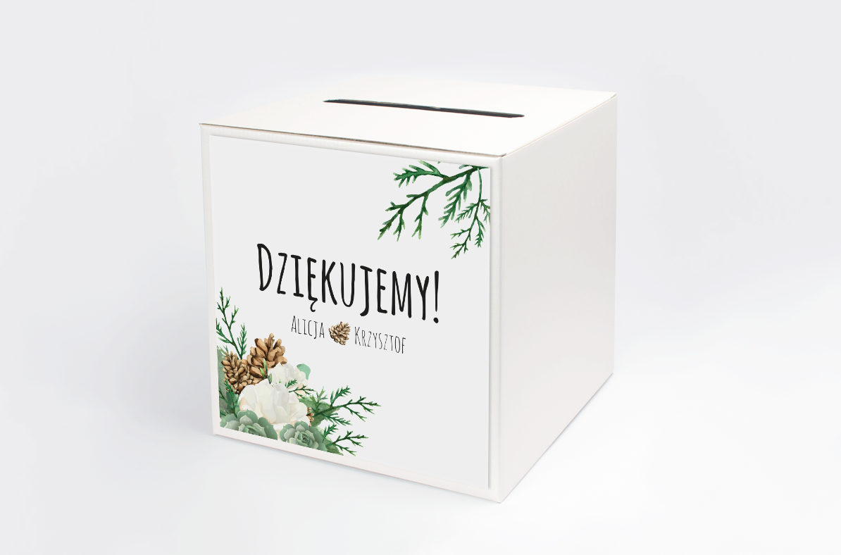 Dekoracje ślubne Personalizowane pudełko na koperty -  Zimowe: Róże i Sukulenty