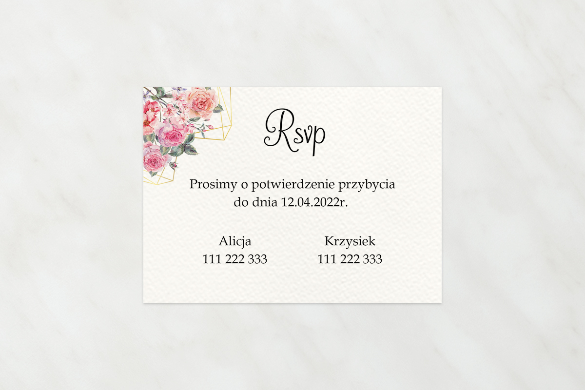 Dodatki ślubne Dodatkowa karteczka do zaproszeń ze zdjęciem i sznurkiem – Różowy bukiet w sercu