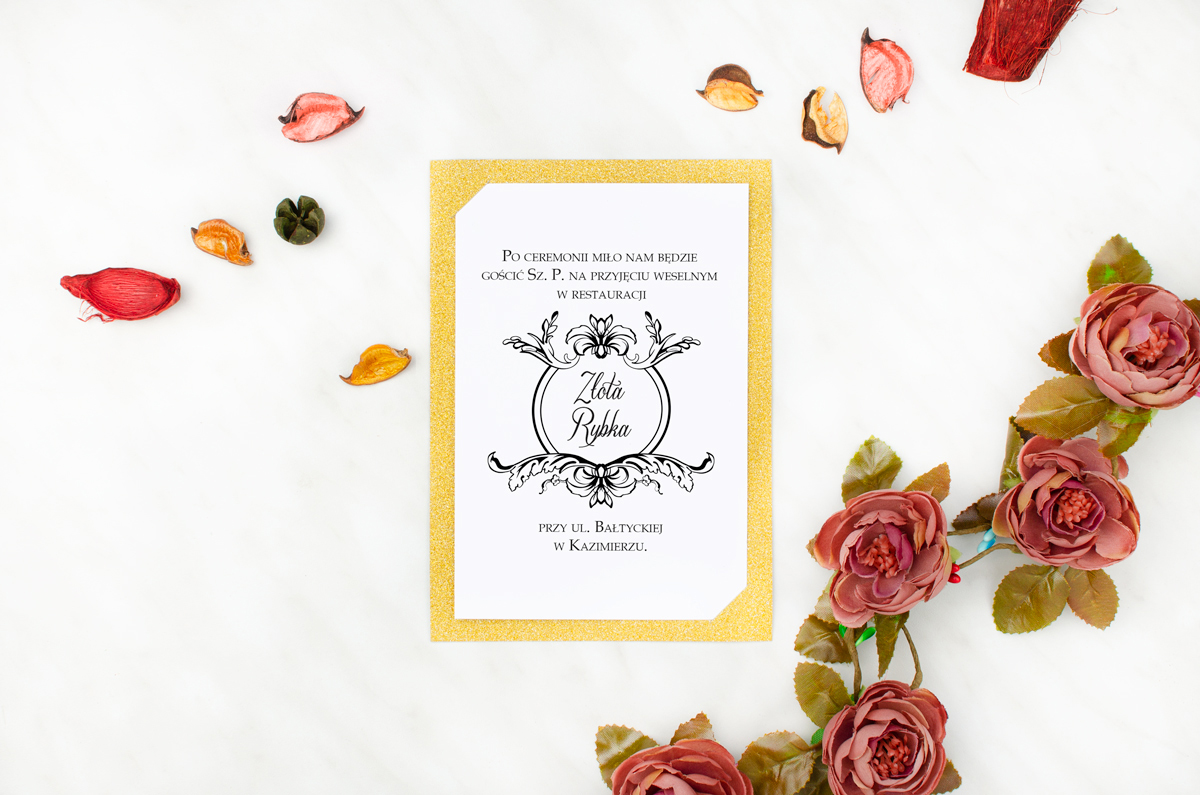 Dodatki ślubne Dodatkowa karteczka do zaproszenia Brokatowego - Ornamentowa Lilia