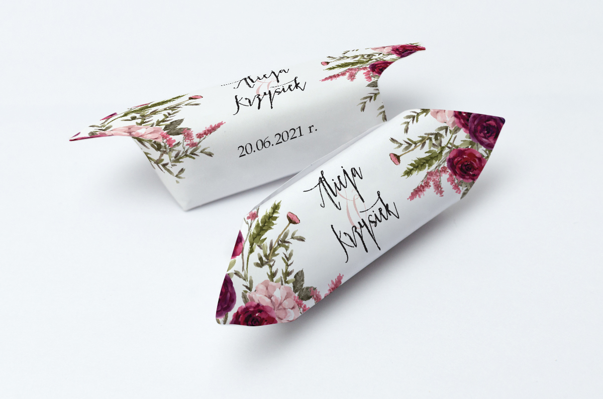 Krówki ślubne Krówki ślubne 1 kg - Podziękowania dla gości - Akwarelowe Bukiety – Burgundowe róże na jasnym tle