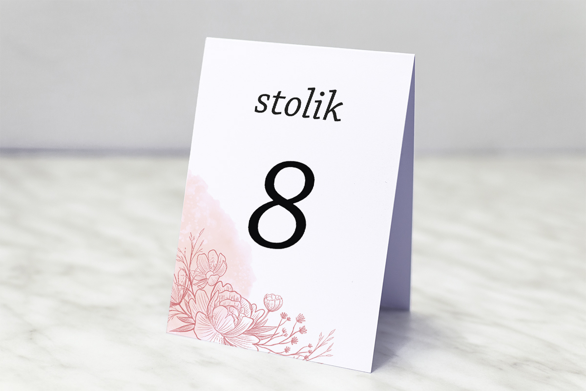 Dodatki ślubne Numer stolika pasujący do zaproszenia z nawami – Delikatne kwiaty – Różowy kontur