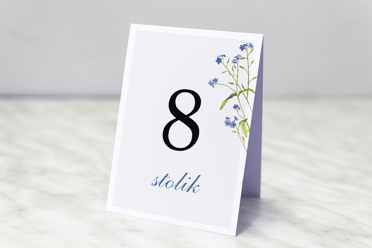 Dodatki ślubne Numer stolika - Minimalistyczne z Kwiatem - Niezapominajka