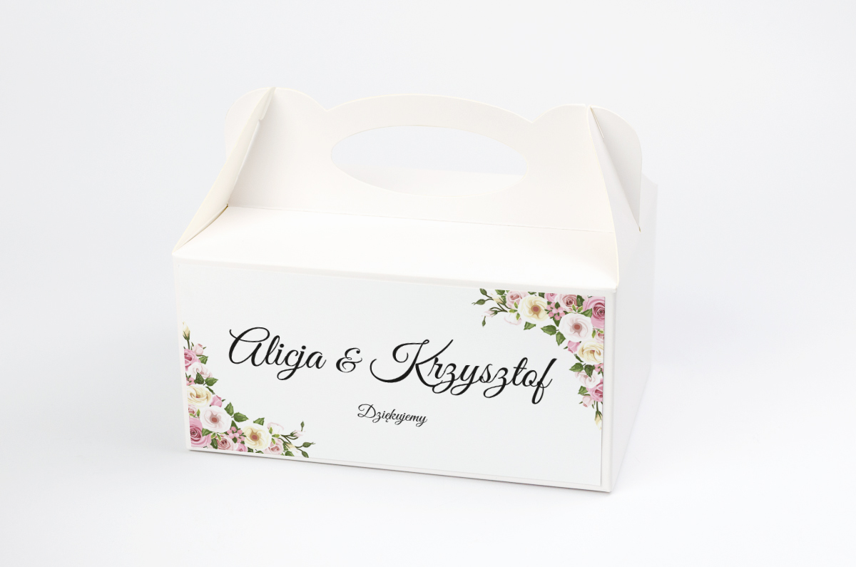 Pudełka na ciasto weselne z personalizacją Ozdobne pudełko na ciasto do zaproszeń kwadratowe – Pastelowe kwiaty