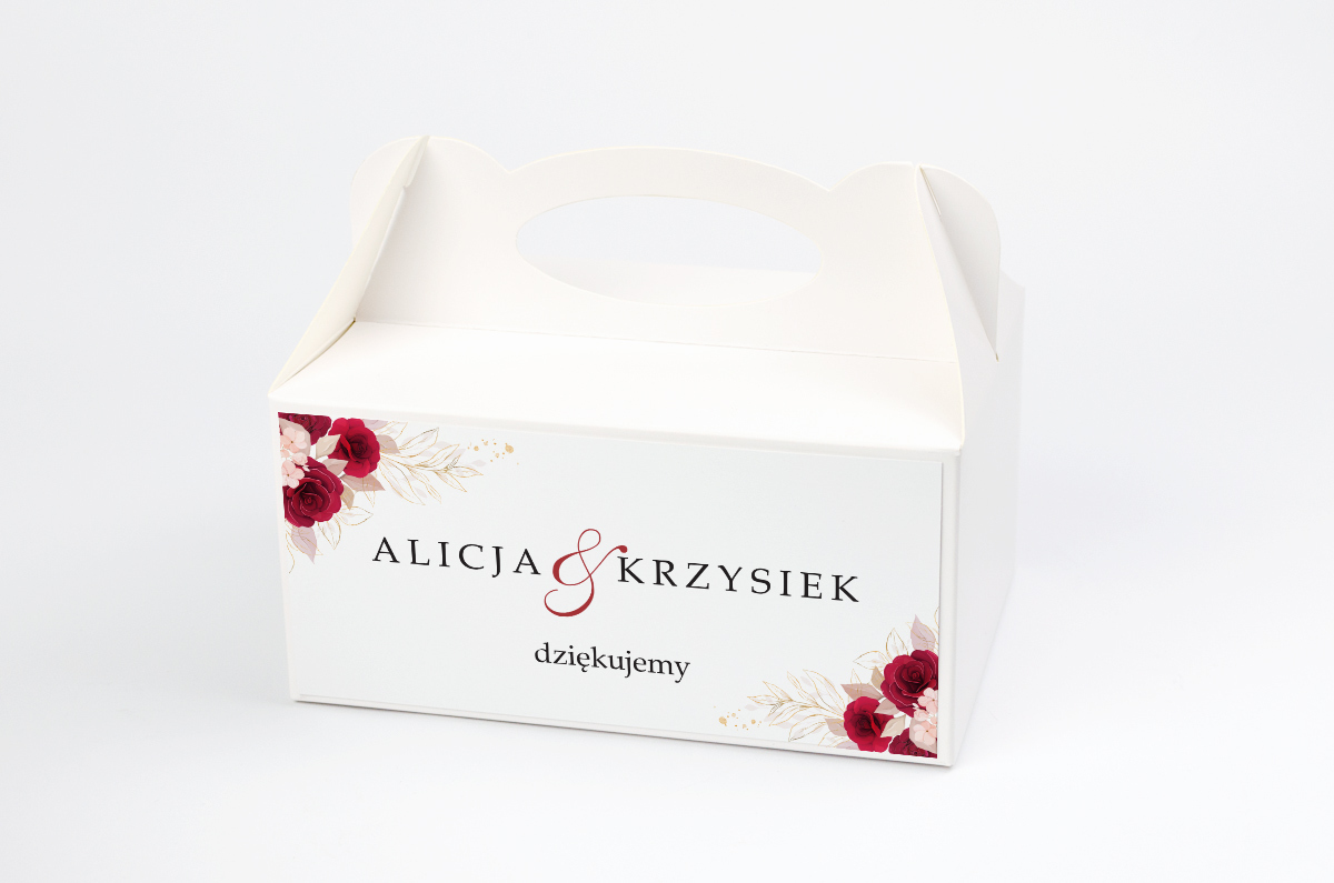 Podziękowania dla gości Ozdobne pudełko na ciasto - Geometryczne Kwiaty - Pąsowe Róże