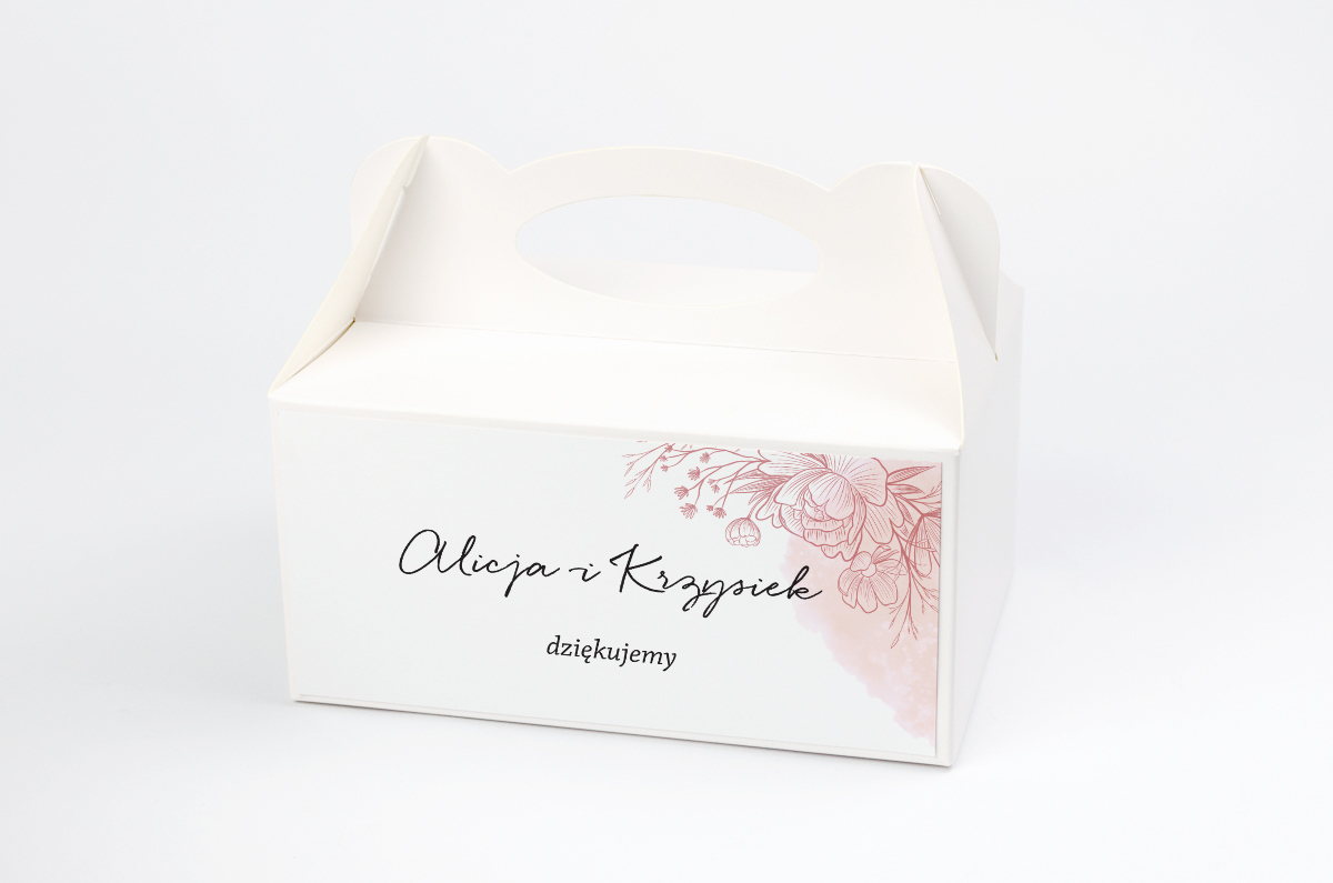 Podziękowania dla gości Ozdobne pudełko na ciasto - Z nawami – Delikatne kwiaty – Różowy kontur