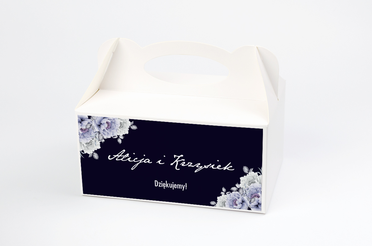 Pudełka na ciasto weselne z personalizacją Ozdobne pudełko na ciasto - Kontrastowe z kwiatami - Niebieskie róże