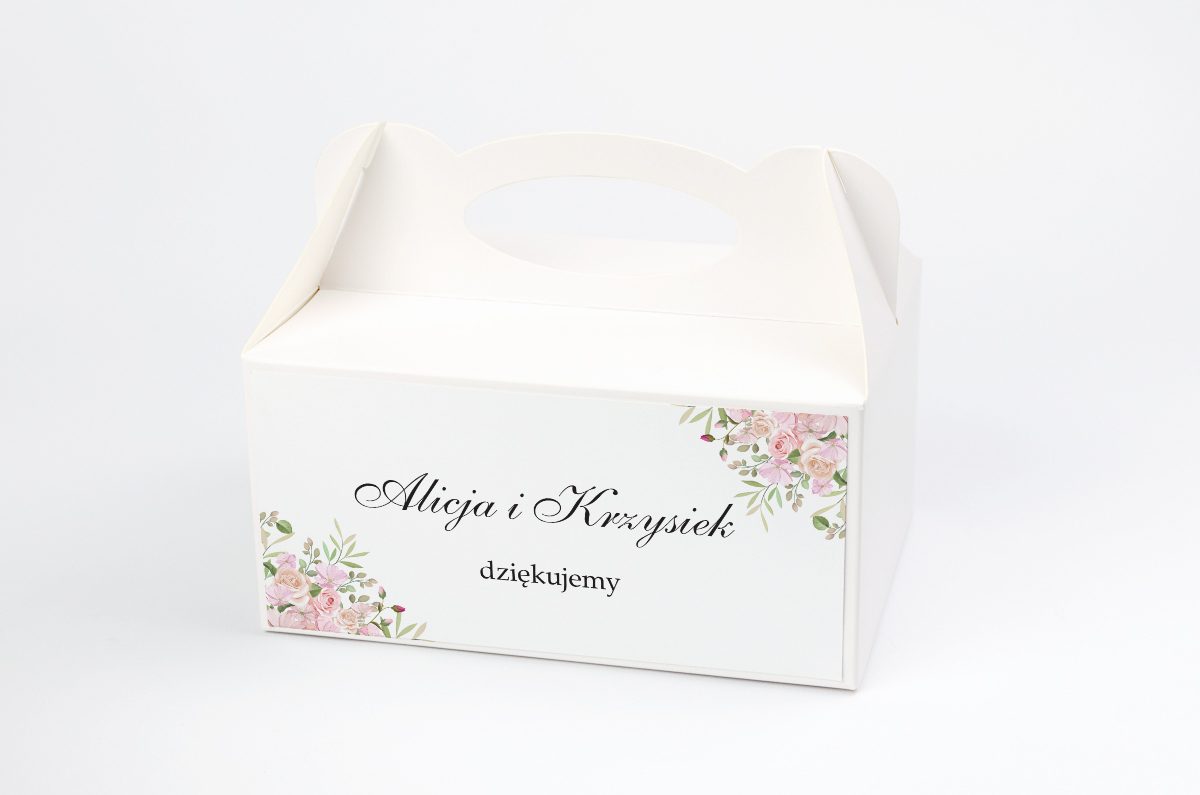Podziękowania dla gości Ozdobne pudełko na ciasto - Kwiatowe Gałązki - Różowe Róże