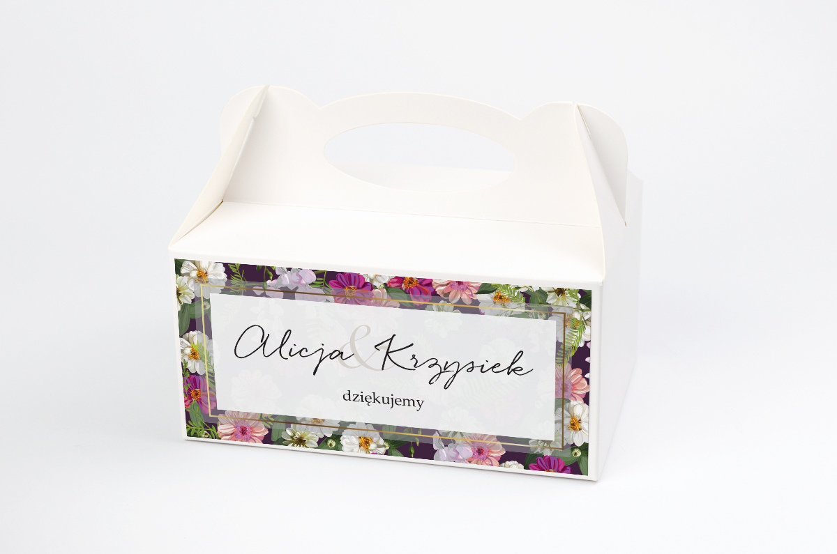 Podziękowania dla gości Ozdobne pudełko na ciasto Tło z kwiatów – Kolorowe astry