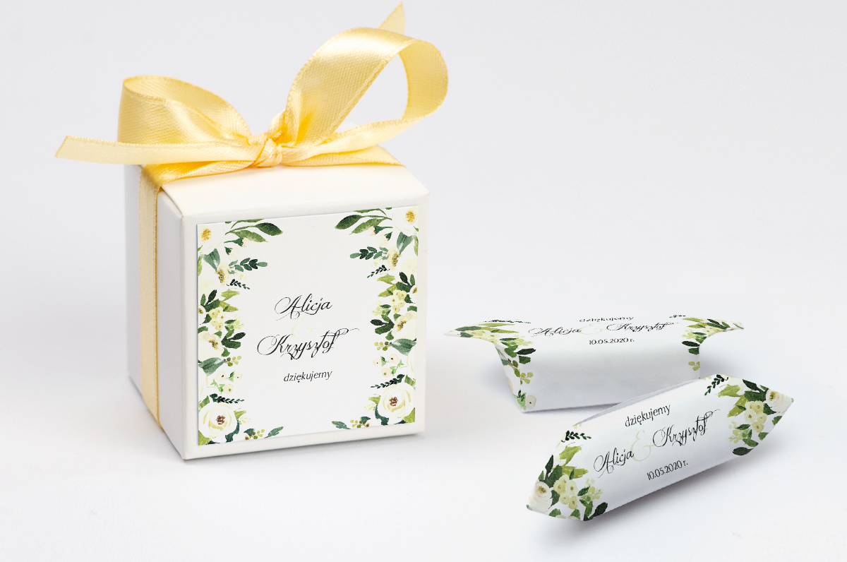 Podziękowania dla gości Ozdobne pudełeczko z personalizacją do zaproszeń eleganckich z kokardą - Białe kwiaty