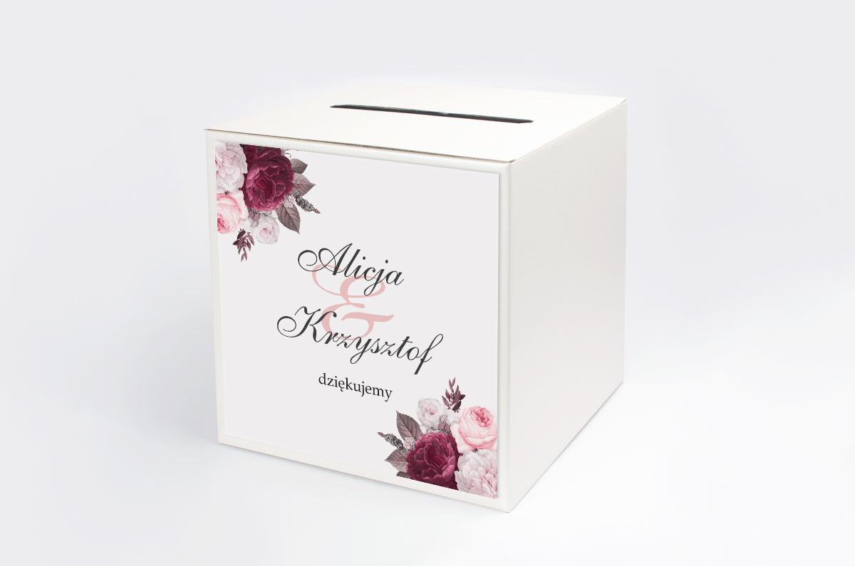Dekoracje ślubne Personalizowane pudełko na koperty - Geometryczne Kwiaty - Amarantowy bukiet