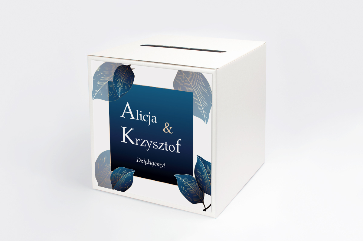 Dekoracje ślubne Personalizowane pudełko na koperty - Geometryczne Nowoczesne – Niebieskie Listki Jasne