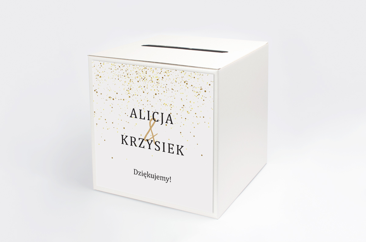 Dekoracje ślubne Personalizowane pudełko na koperty do zaproszenia Minimalistyczne ze złotem – Złote kropeczki