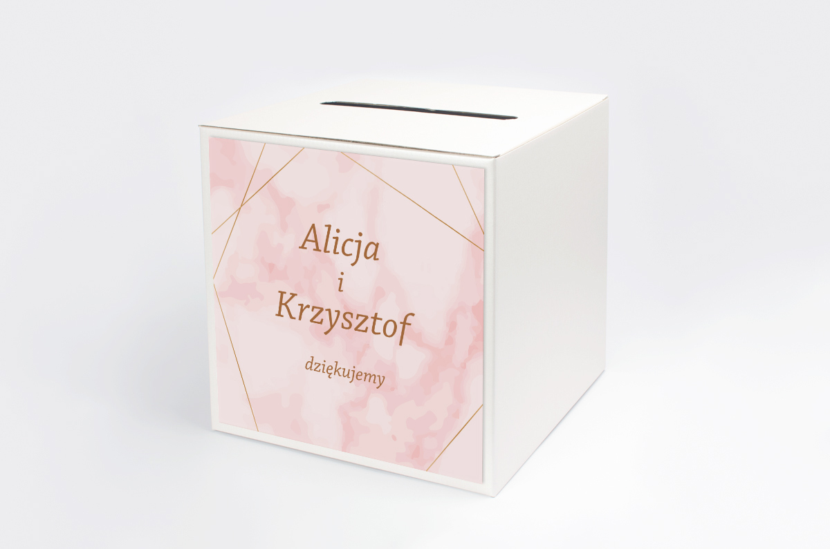 Dekoracje ślubne Personalizowane pudełko na koperty - Kontrastowe z nawami - Złota Geometria & Różowy Marmurek