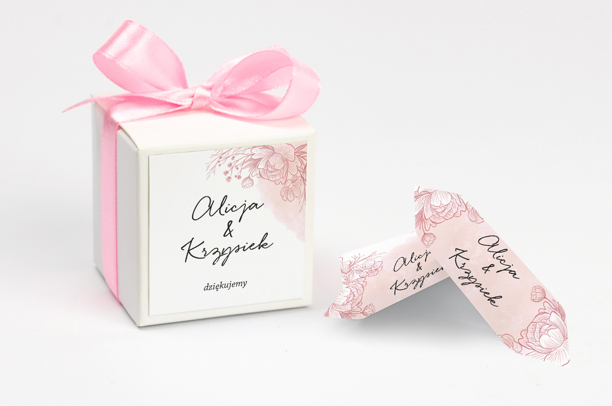 Podziękowania dla gości Ozdobne pudełeczko z personalizacją - Z nawami – Delikatne kwiaty – Różowy kontur