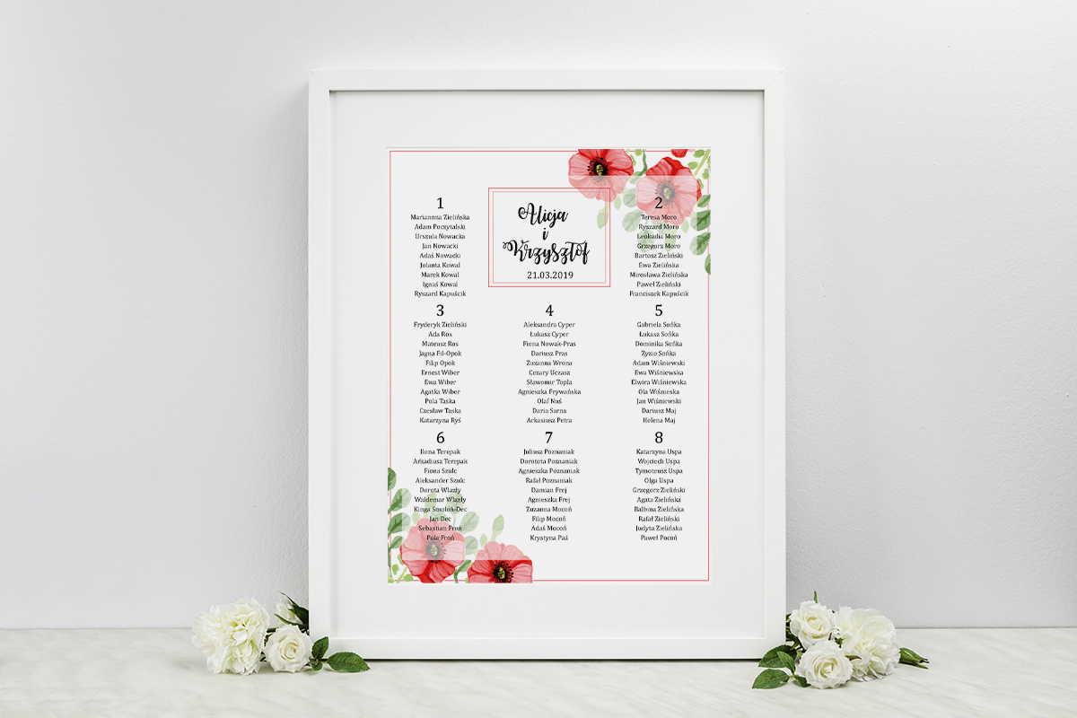 Dodatki ślubne Plan stołów weselnych do zaproszenia Kwiaty: Czerwone maki