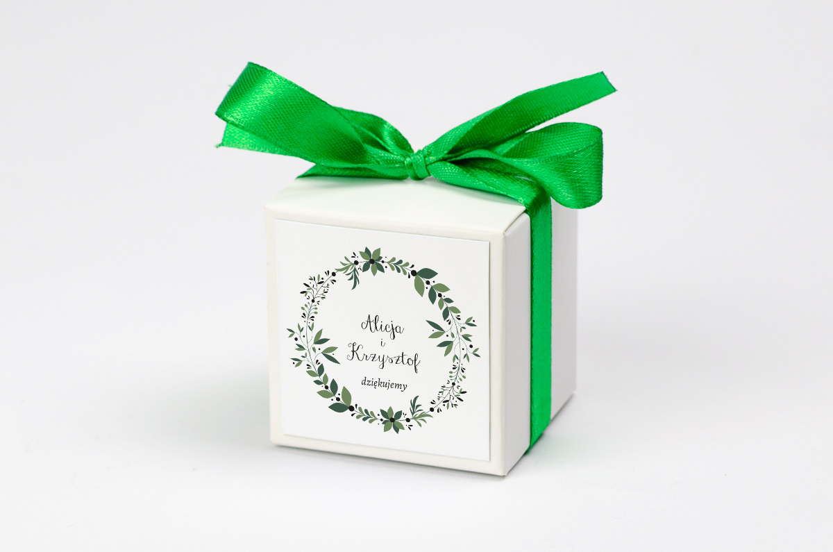 Podziękowania dla gości Ozdobne pudełeczko z personalizacją - Kwiaty z nawami: Zielony wianek