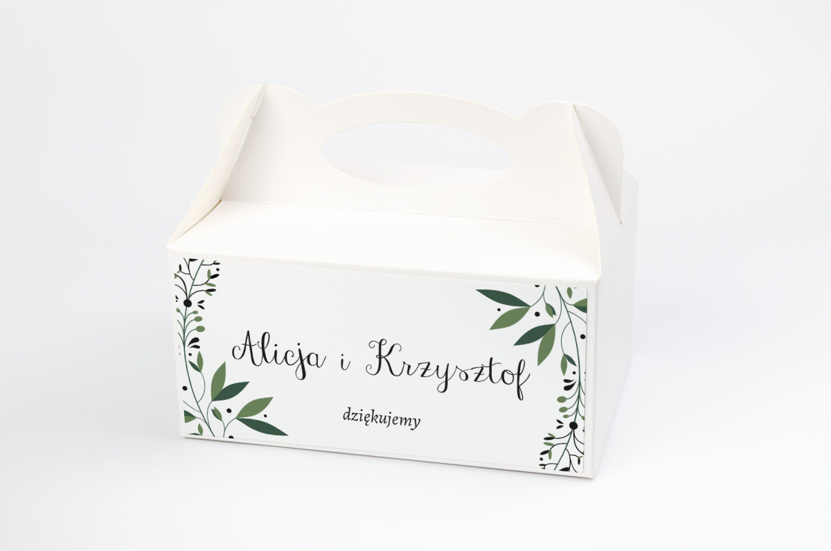 Podziękowania dla gości Ozdobne pudełko na ciasto - Kwiaty z nawami: Zielony wianek