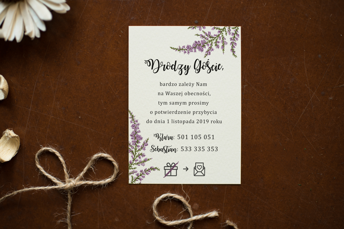 Dodatki ślubne Dodatkowa karteczka do zaproszeń Kwiaty - Wrzosy